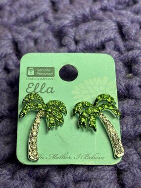 New Ella Rhinestone Palm Tree Stud Earrings Green Clear Silvertone 1 inch